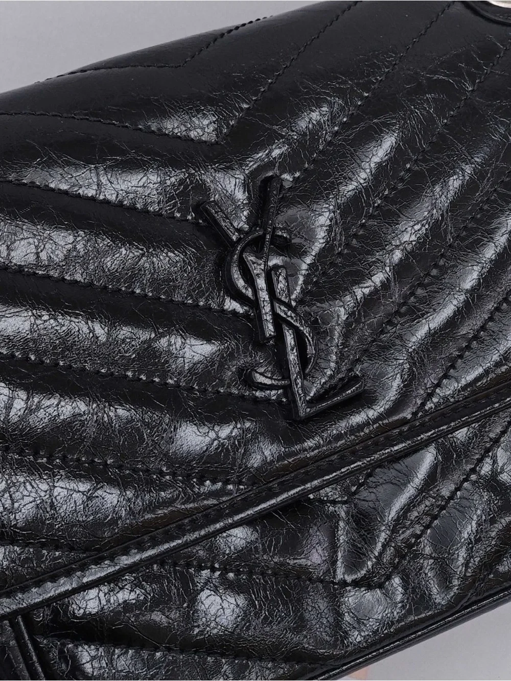 Saint Laurent Black Crinkled Leather Chain Shoulder Bag